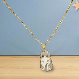 Grey Kitty Cat | Anime Cat Lover Charm with Gold Stainless Steel Necklace
